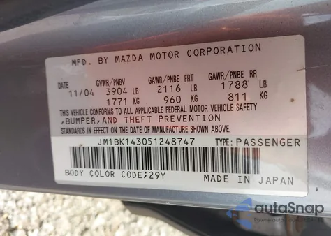 2005 Mazda Mazda3 S из США, поврежденный, VIN JM1BK143051248747